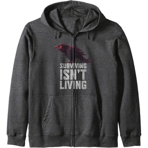image:imageDays Gone Surviving Isnt Living Crow Quote Big Chest Logo Zip HoodieDark Heather Grey