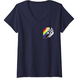 image:imageWomens PlayStation Pride LGBTQIA Collection Stacked Pocket Logo VNeck TShirtNavy Blue