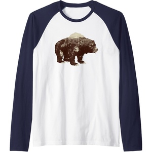 image:imageDays Gone BearShaped Forest Landscape Vintage Logo Raglan Baseball TeeNavy BlueWhite