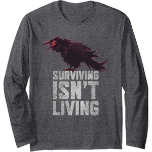 image:imageDays Gone Surviving Isnt Living Crow Quote Big Chest Logo Long Sleeve TShirtDark Heather Grey