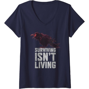 image:imageWomens Days Gone Surviving Isnt Living Crow Quote Big Chest Logo VNeck TShirtNavy Blue