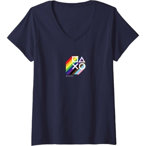 image:imageWomens PlayStation Pride LGBTQIA Collection Stacked Chest Logo VNeck TShirtNavy Blue